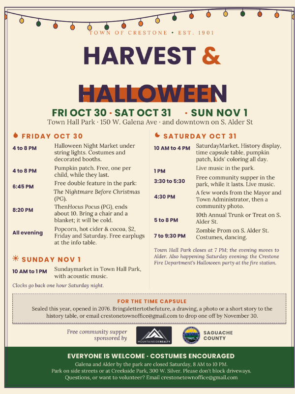 Flyer with event info for Crestone's Harvest & Halloween event